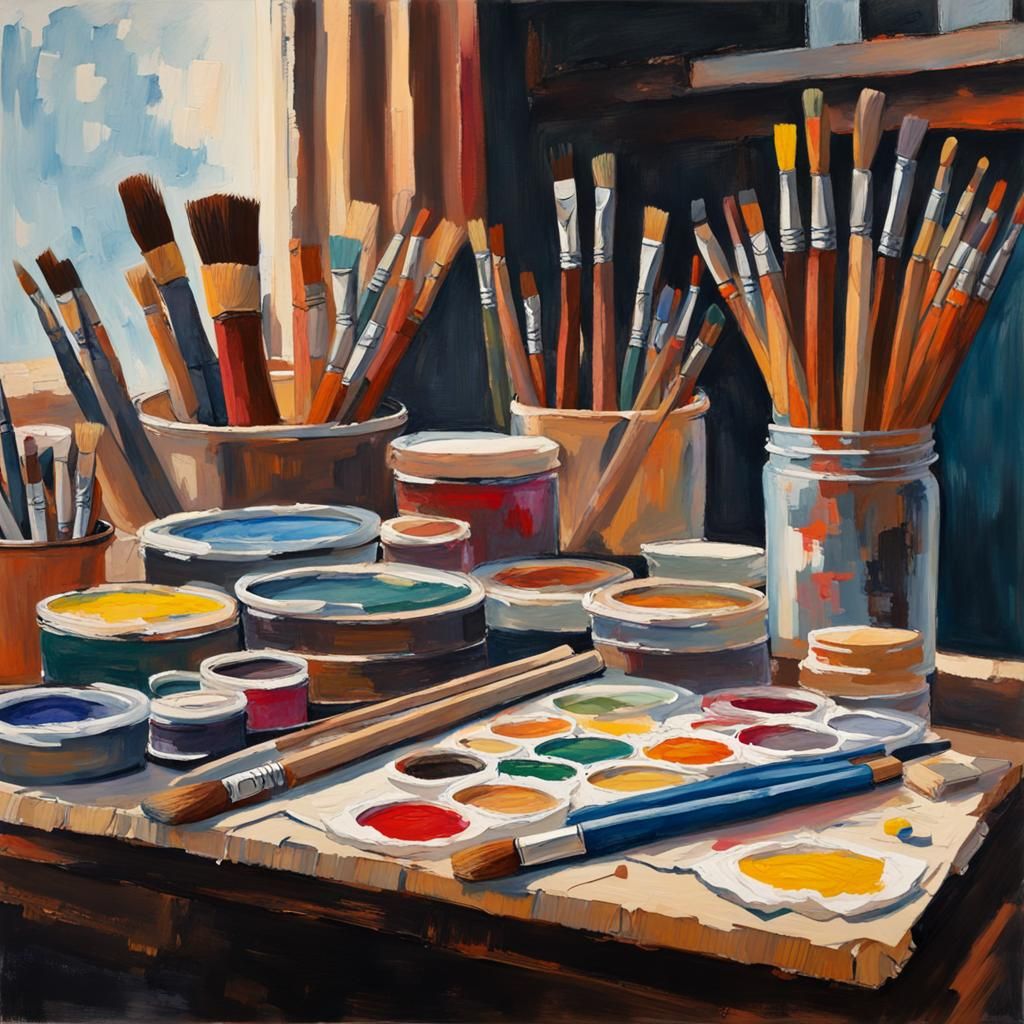 Art Supplies in Studio: Papercut Woodcut Impressionist Paint...