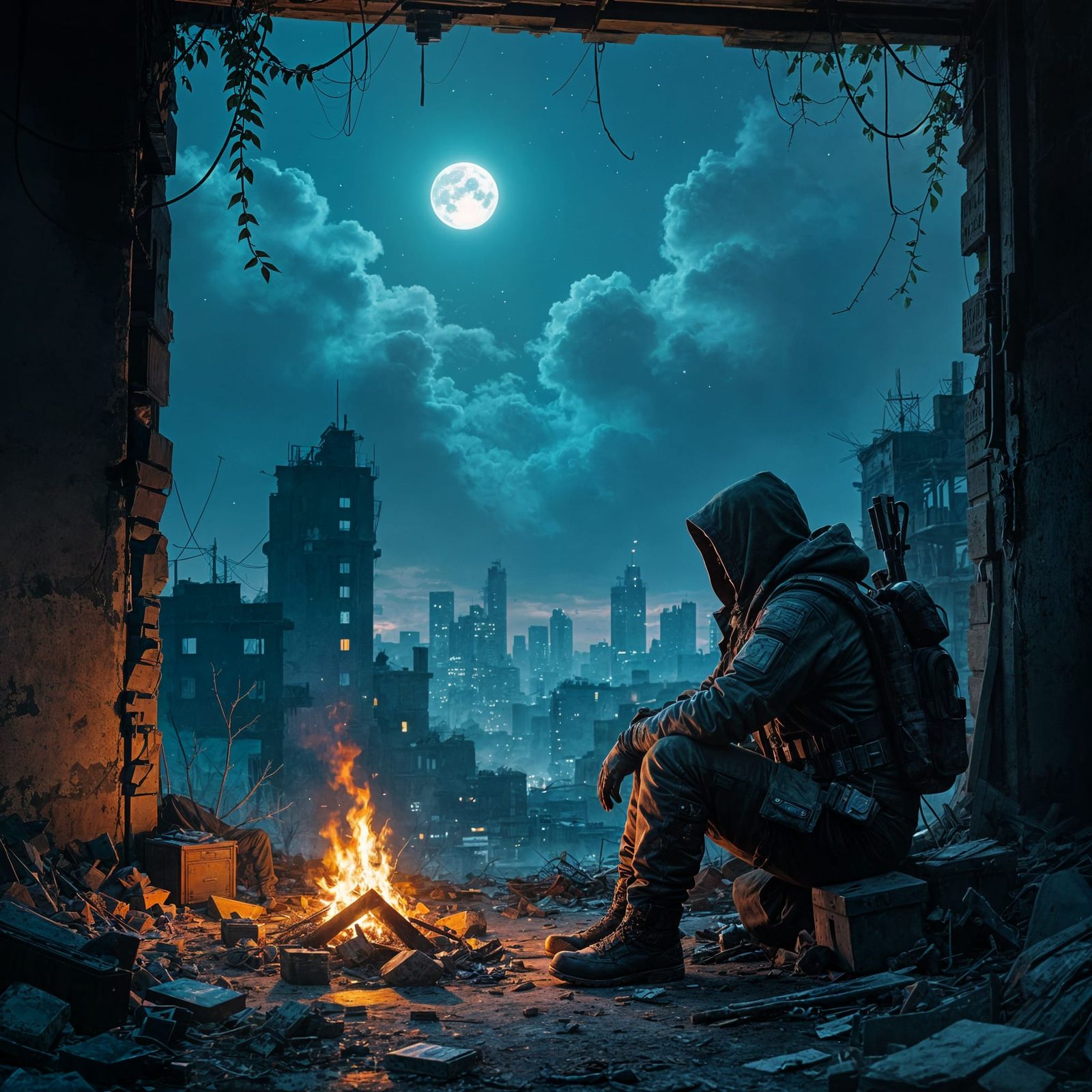 Survivalist By Campfire In Ruined City