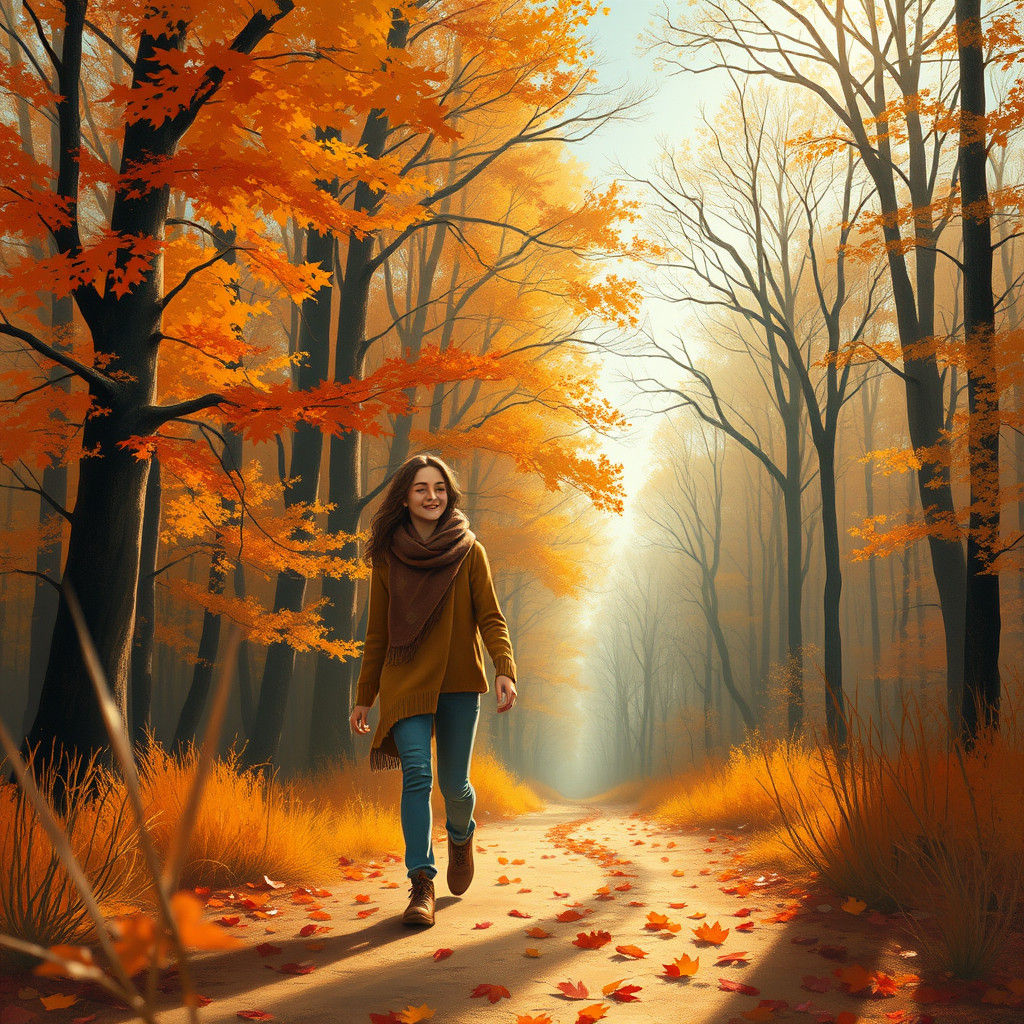Lovers Stroll Through Autumn Woods in Impressionist Style
