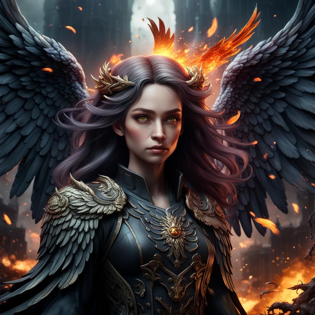 Dark Angel with Fire Wings in Detailed Matte Painting