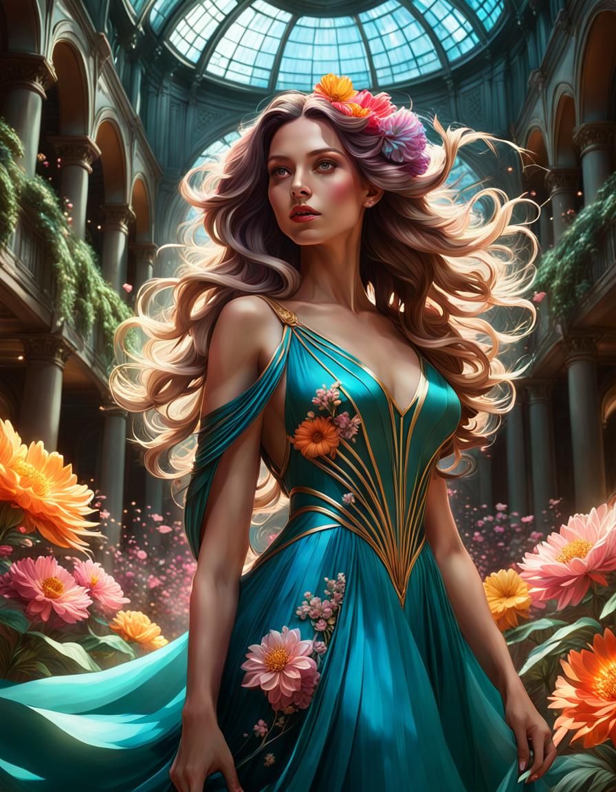 Enchanting Woman in Atrium with Glowing Flowers