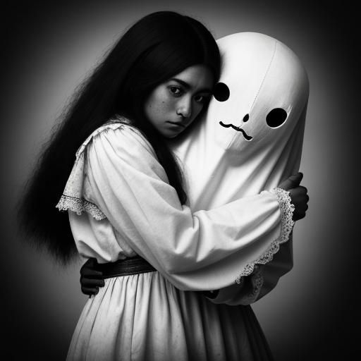 Haunting Embrace: Girl Hugging a Ghost in Vintage Photo