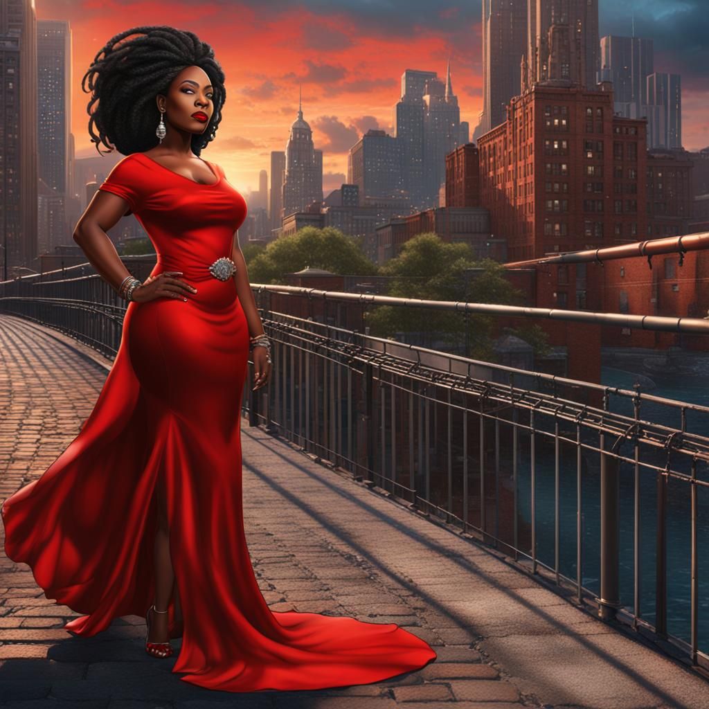 Black Woman in Red Dress, Detroit, Matte Painting