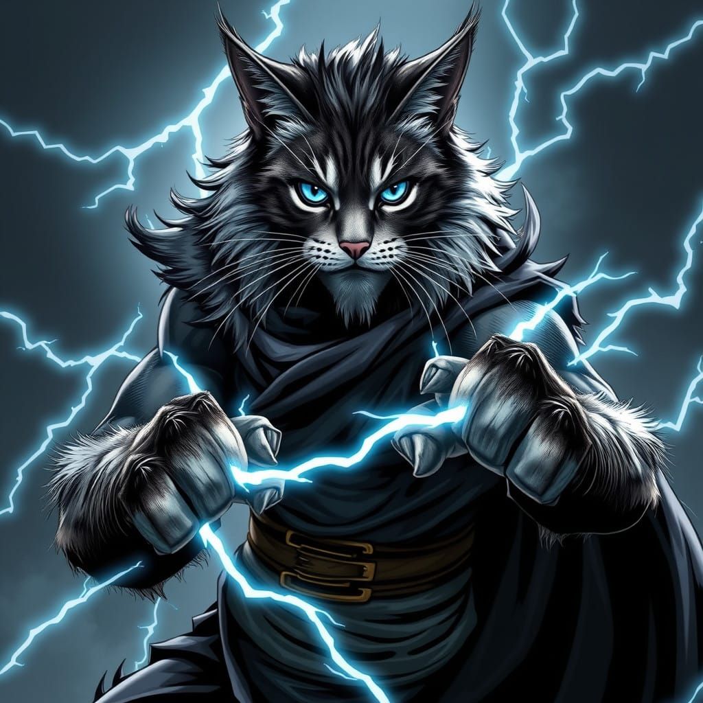 Heroic Cyberpunk Feline Monk Unleashes Electric Fury