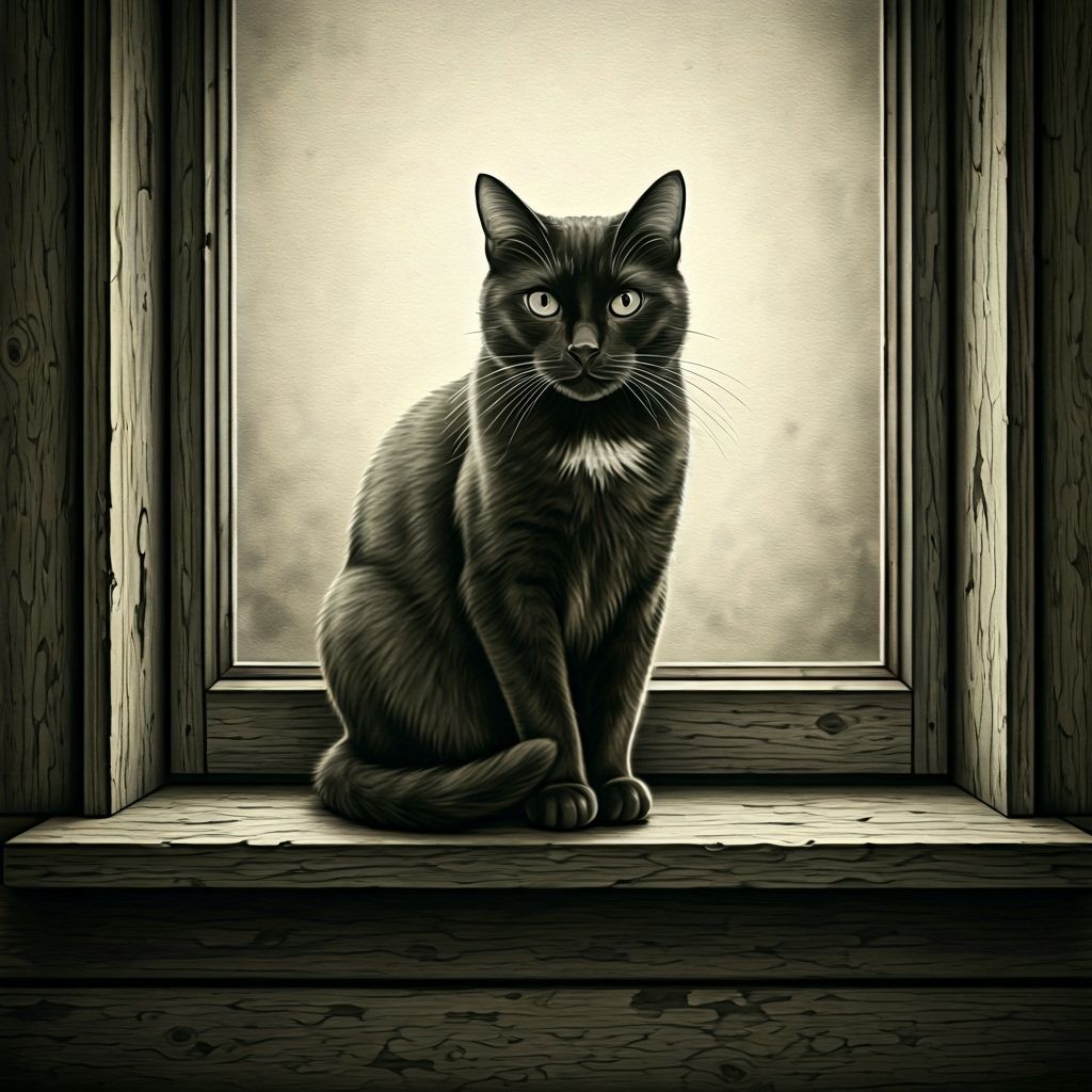 Sleek Black Cat on Vintage Windowsill in Charcoal
