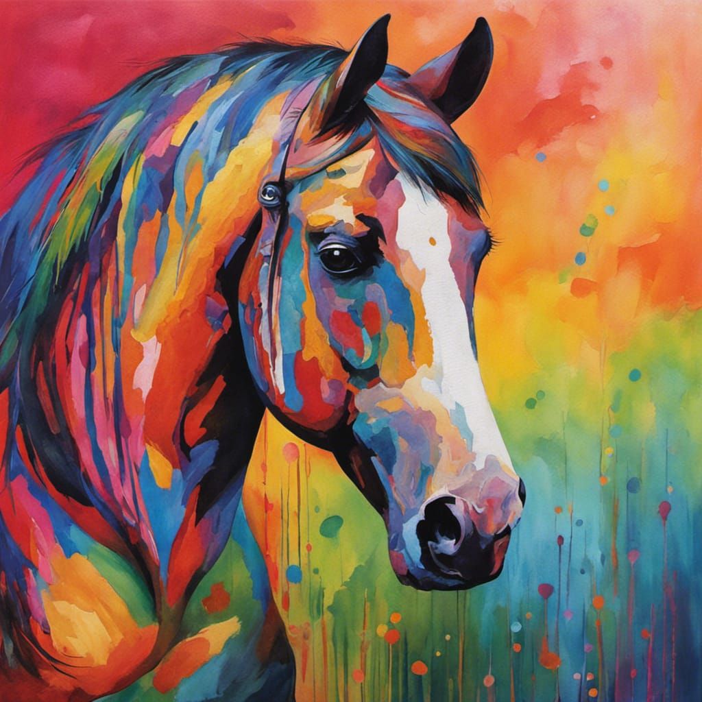 Watercolor Rainbow Horse in Nature