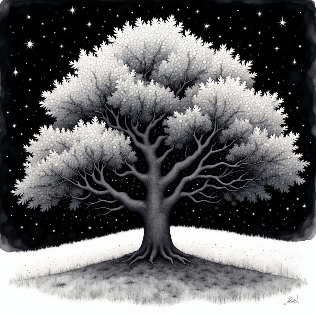 Intricate Ink Drawing of Oak Tree in Summer
