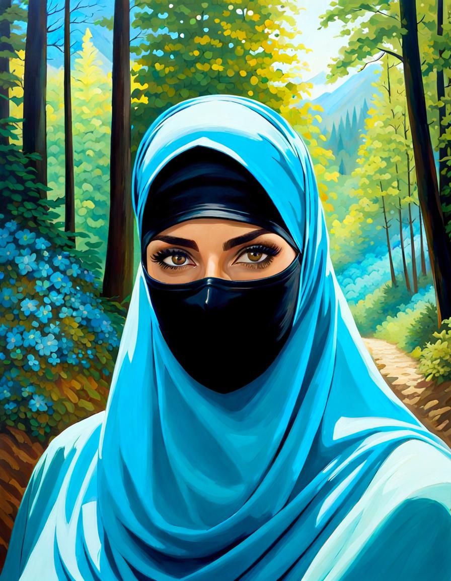 Elegant Niqabi Woman in Mountain Forest Oil Painting