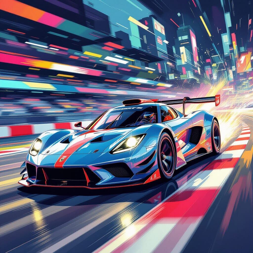 Futuristic Cartoon Race Car Speeds Down Vibrant Track
