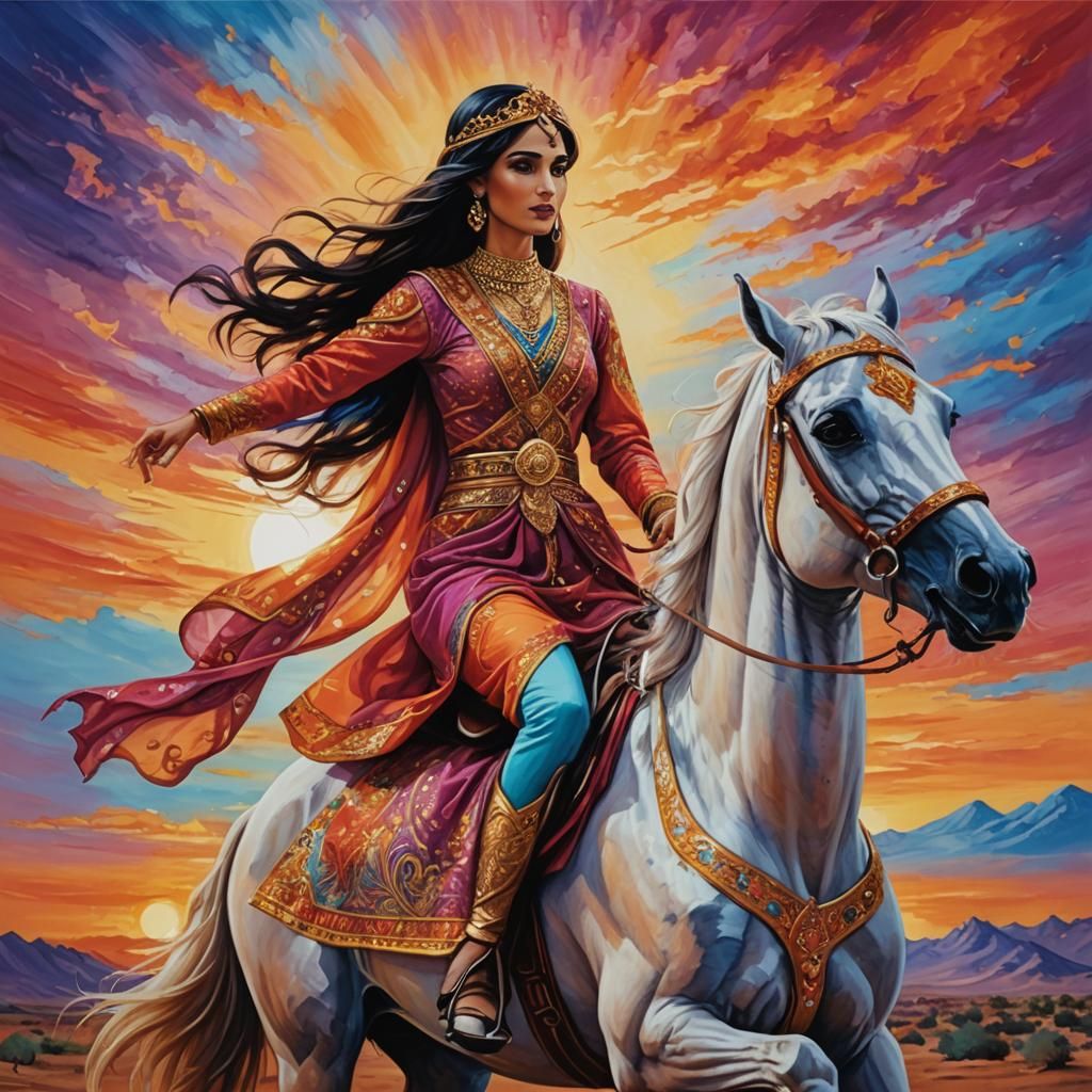 Arabian Princess on Stallion at Sunset