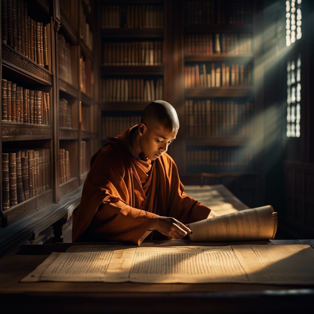 Monk in Ancient Library: Cinematic Still Life