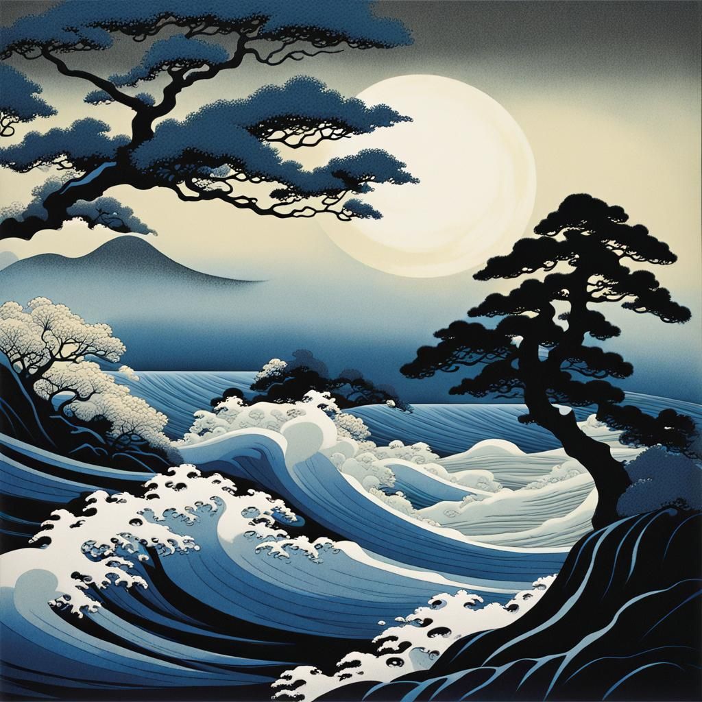 Stormy Coastline: Waves and Stylized Landscapes