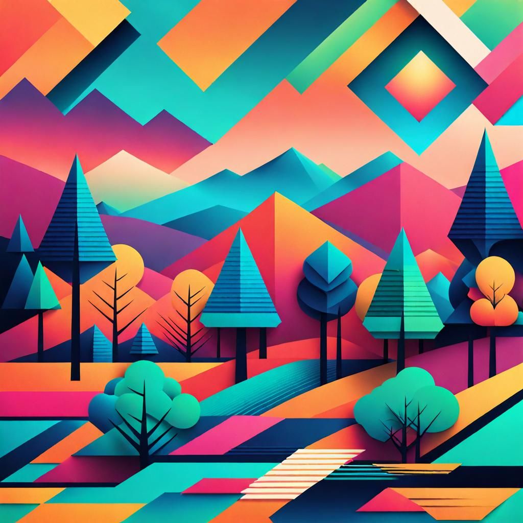 Minimalist Geometric Landscape with Vibrant Sky