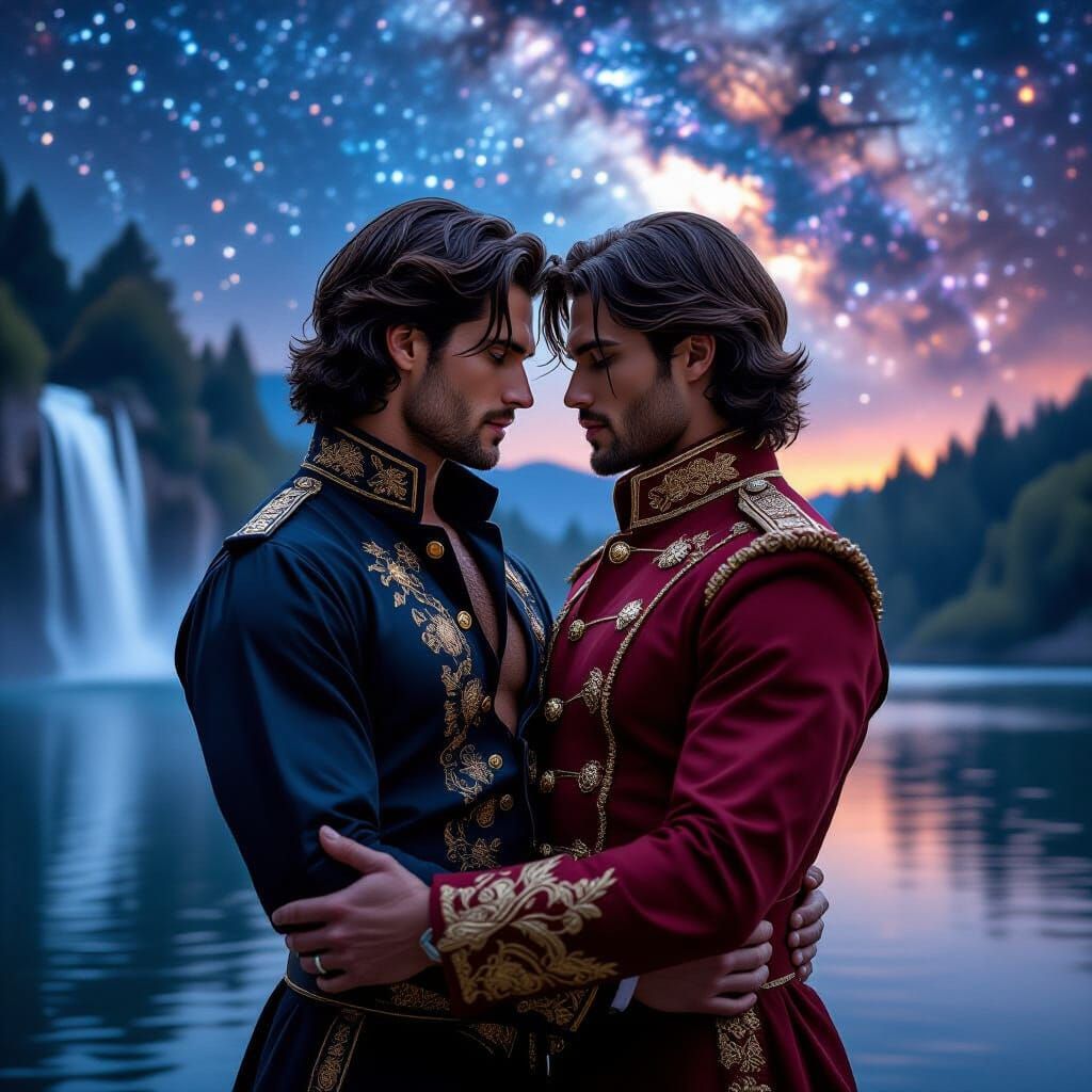 Romantic Male Couple Embrace by Waterfall Under Milky Way