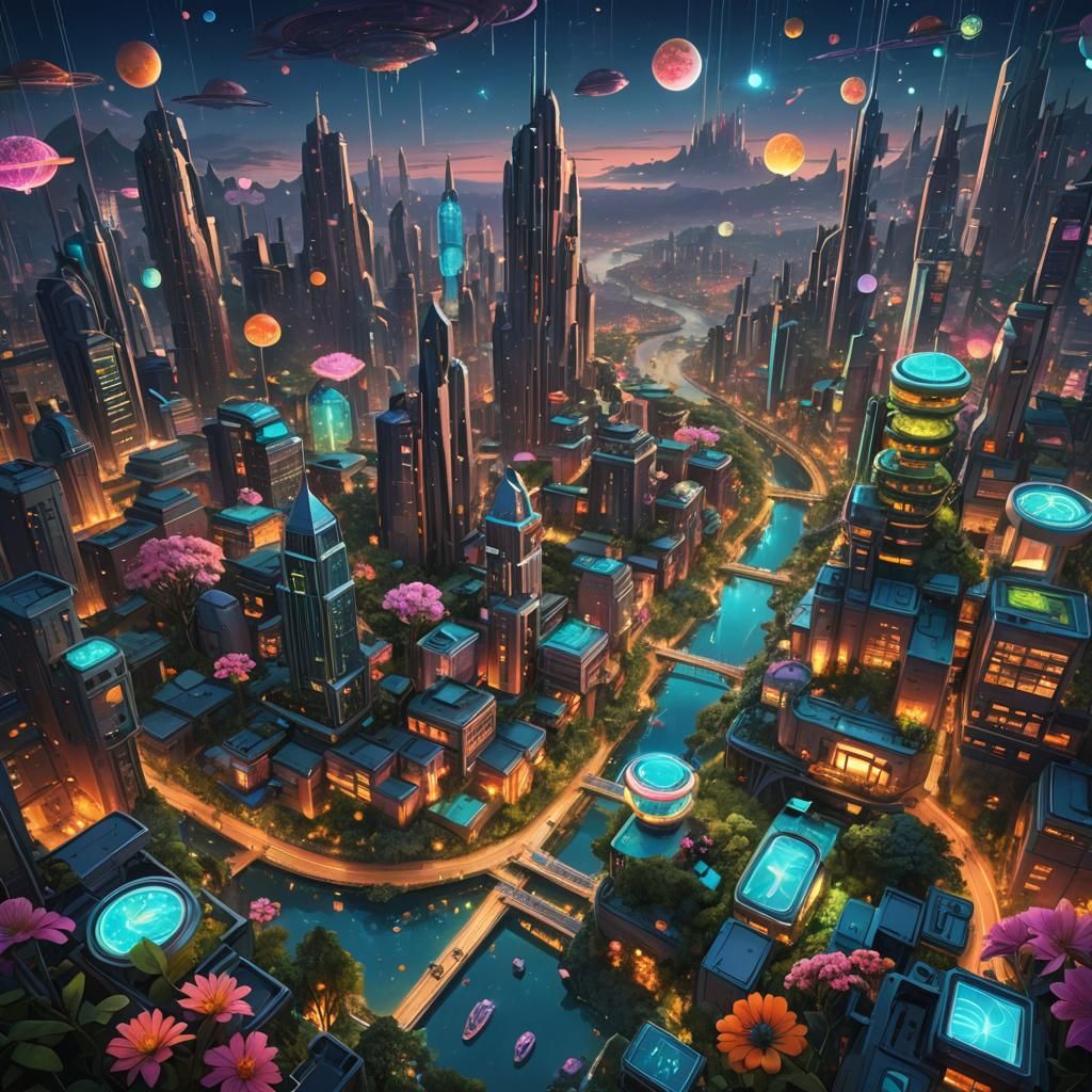 Surreal Futuristic Cityscape with Neon Lights