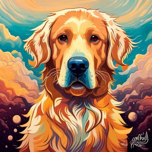 Golden Retriever Portrait in Hyperdetailed Gouache