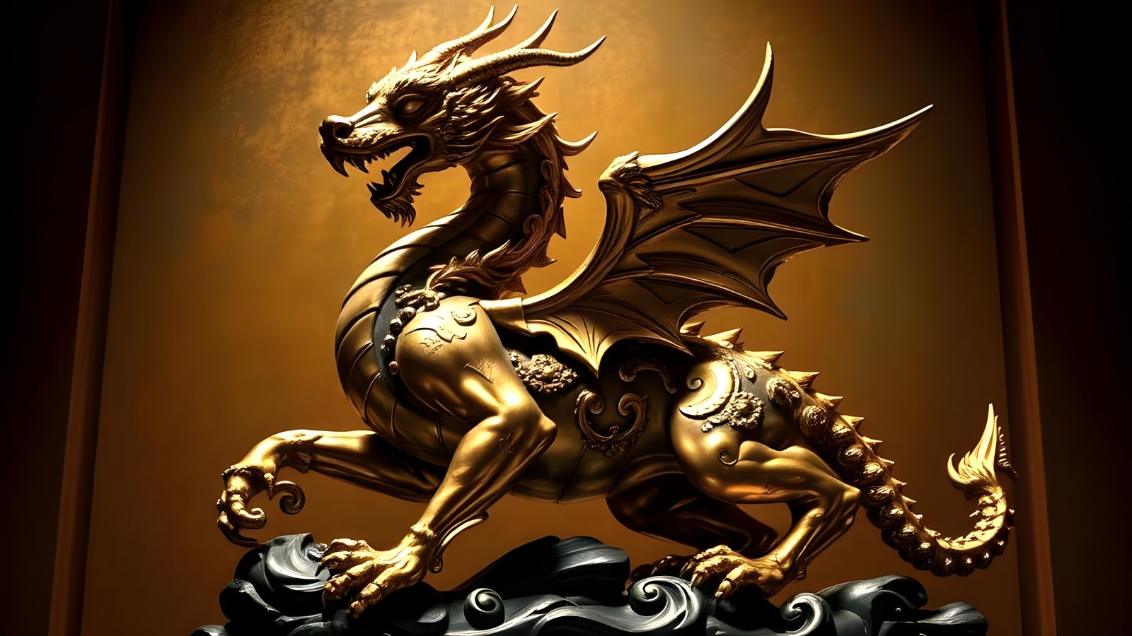 Gilded Mythical Creature Statue in Baroque Style