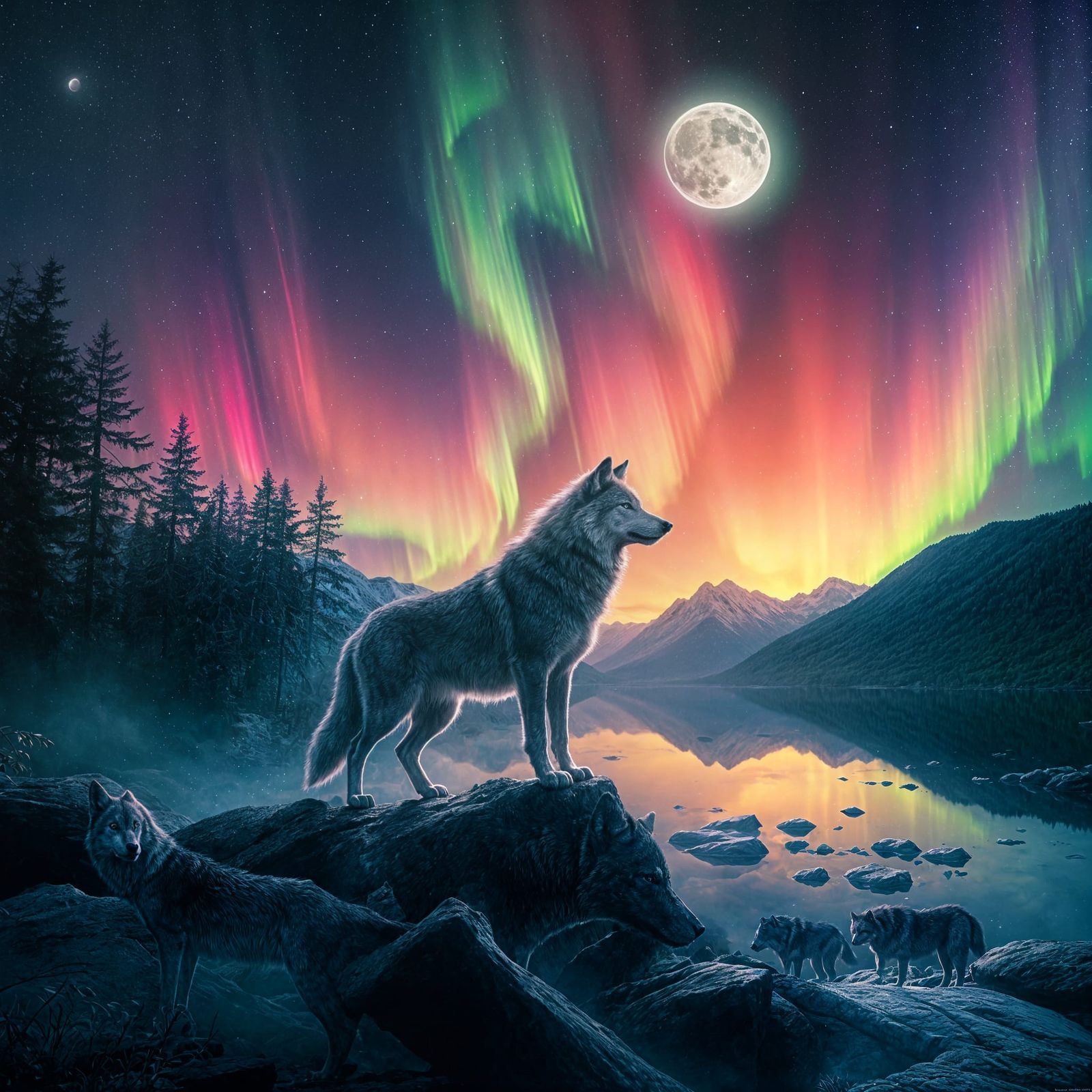 Epic Astral Wolves Dance Under Vibrant Moonlit Aurora