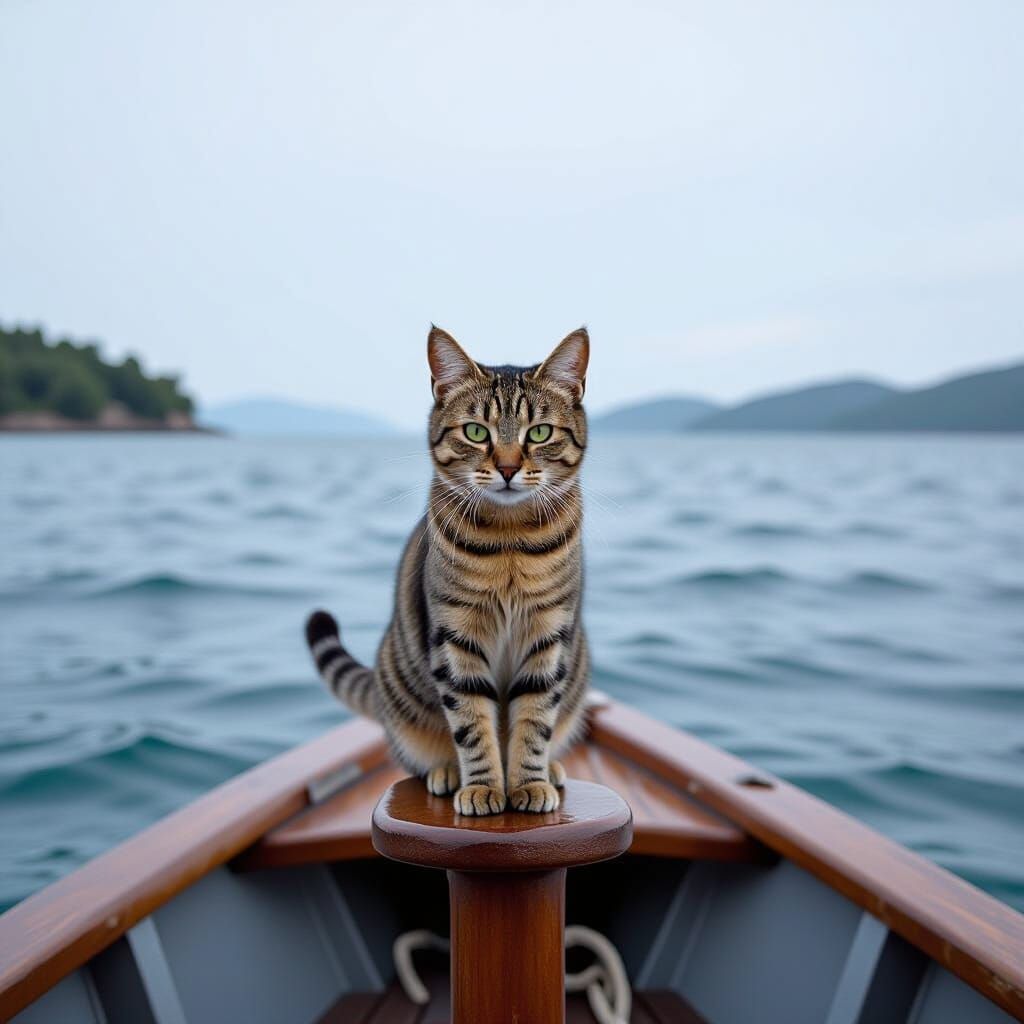 Cat on Ship Prow Sailing on Water