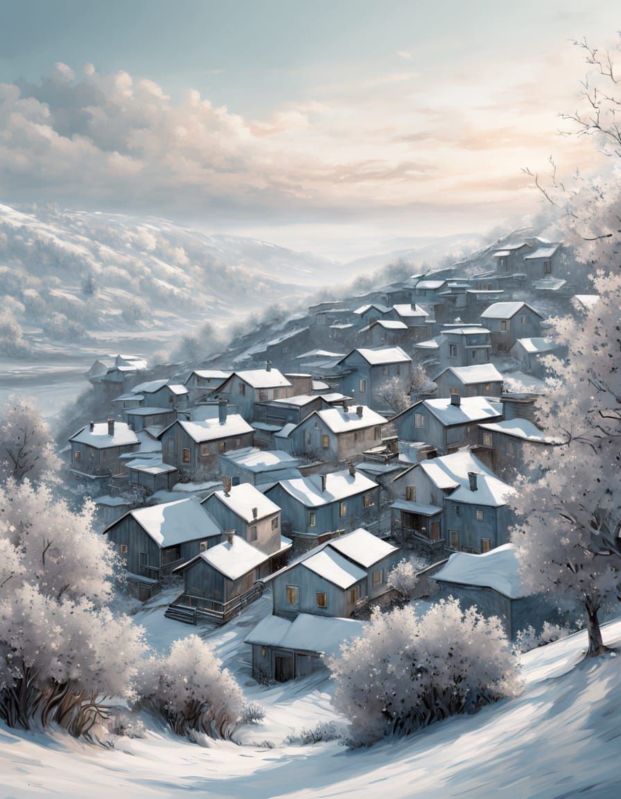 Winter Village at Dawn in Abstract Expressionism Style