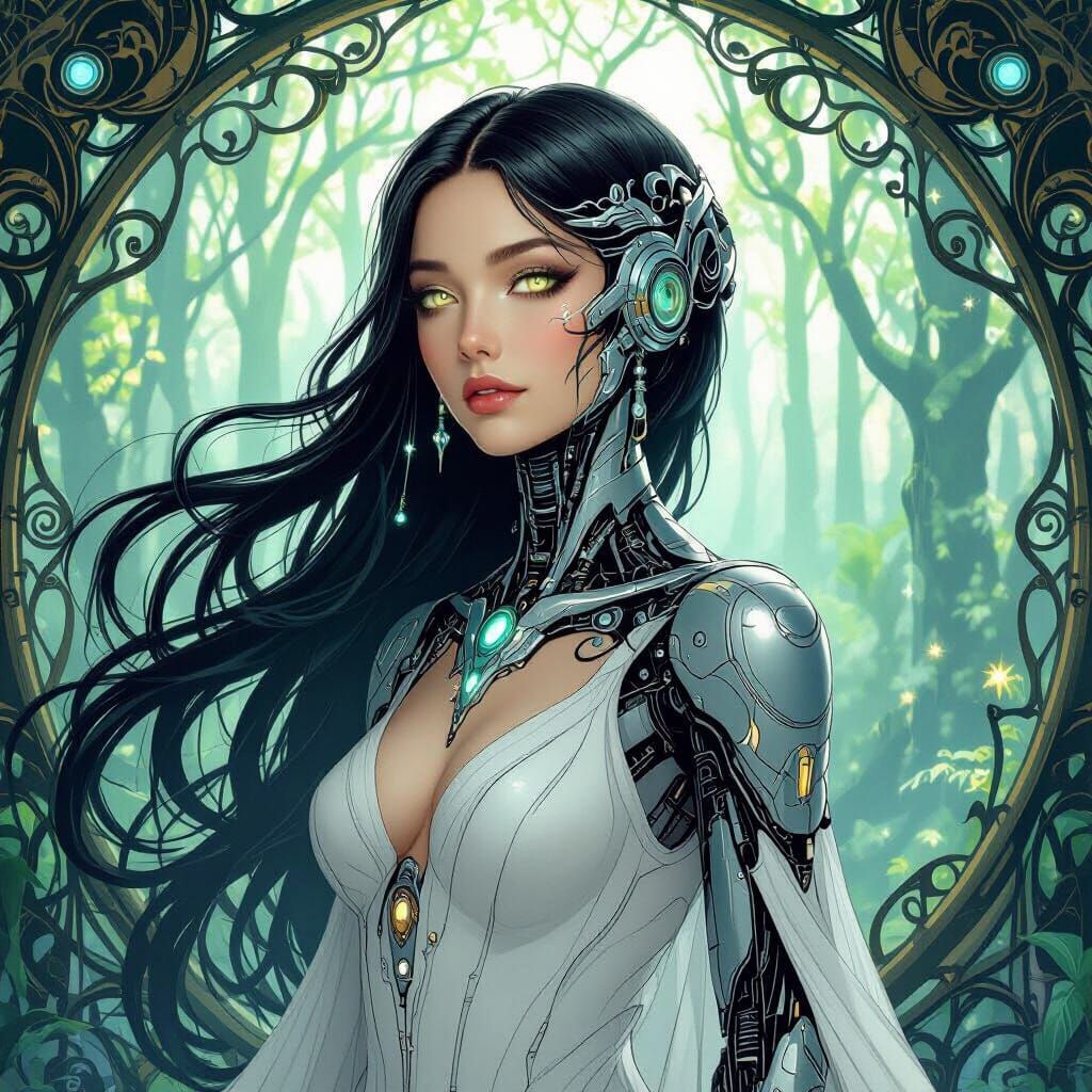 Android in Bioluminescent Forest, Art Nouveau Style