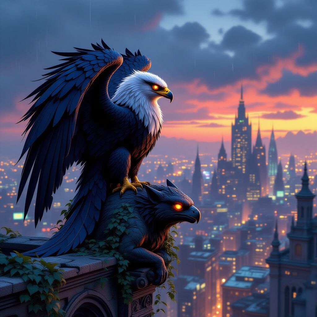 Griffin on Gargoyle Overlooking Cyberpunk City in Baroque St...