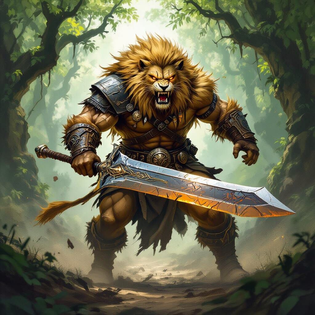 Leonin Barbarian With Greatsword in Ancient Forest