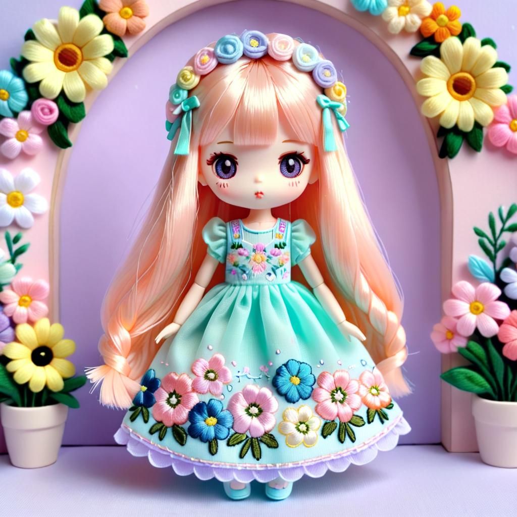 Kawaii Doll with Pastel Flowers on Stage