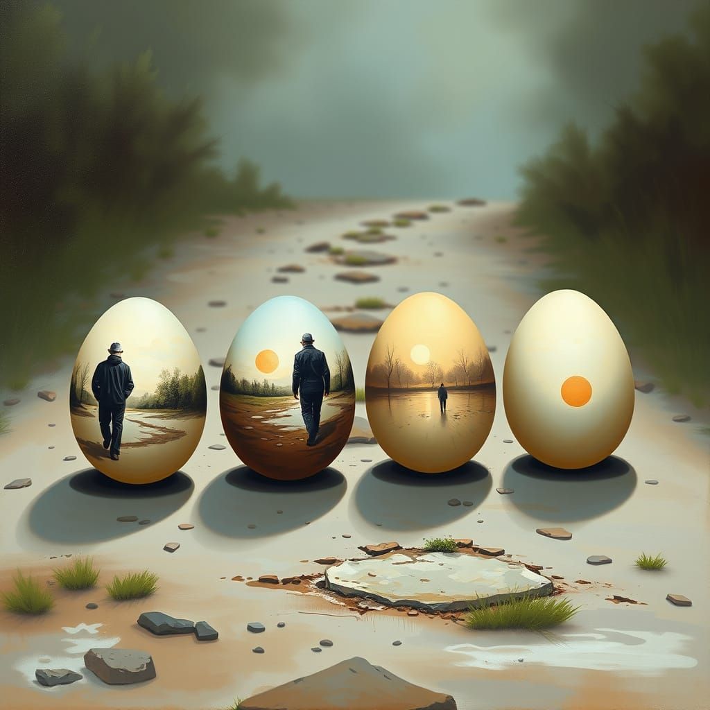 Eggs of a Vanishing Figure in a Mysterious Landscape