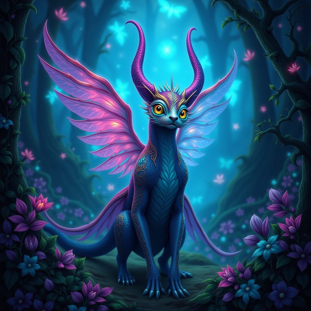 Fantastical Creature in Bioluminescent Forest Digital Painti...
