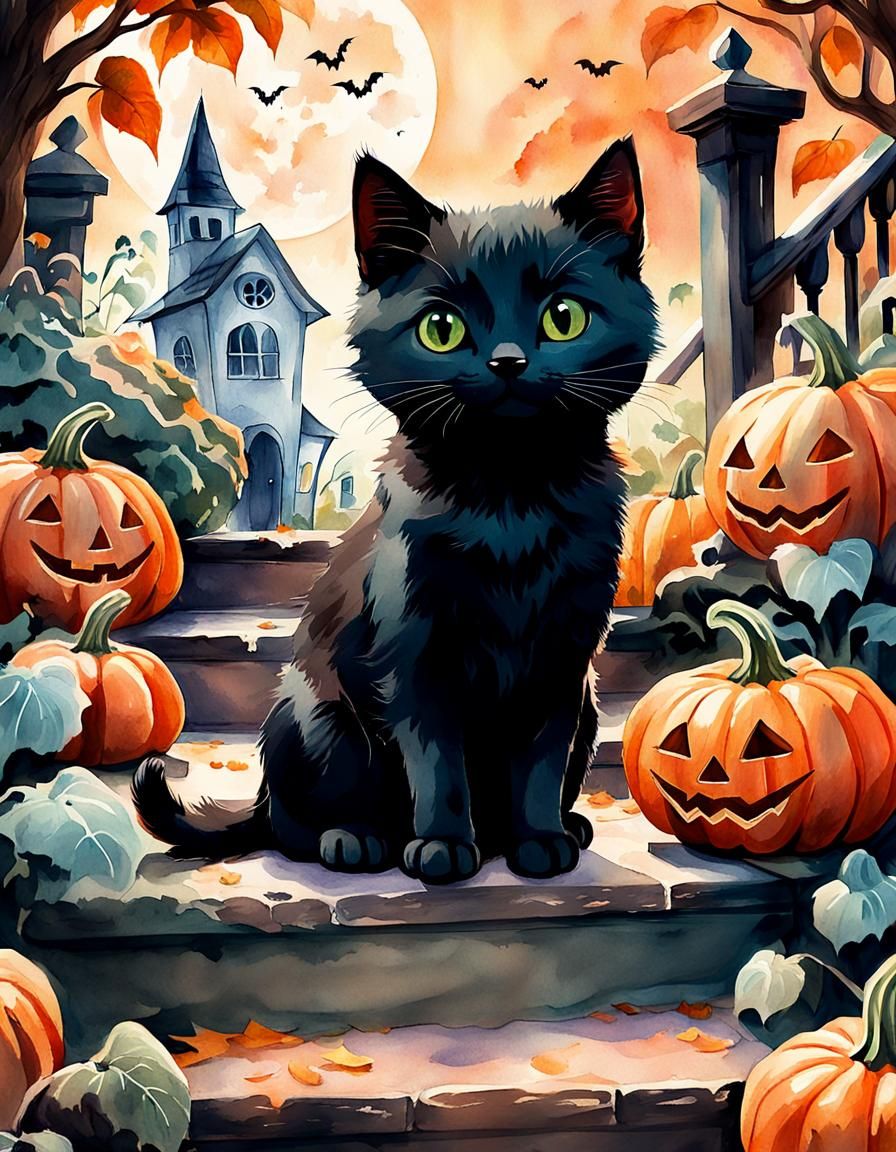 Kitten and Ghost in Autumn Garden, Digital Watercolour