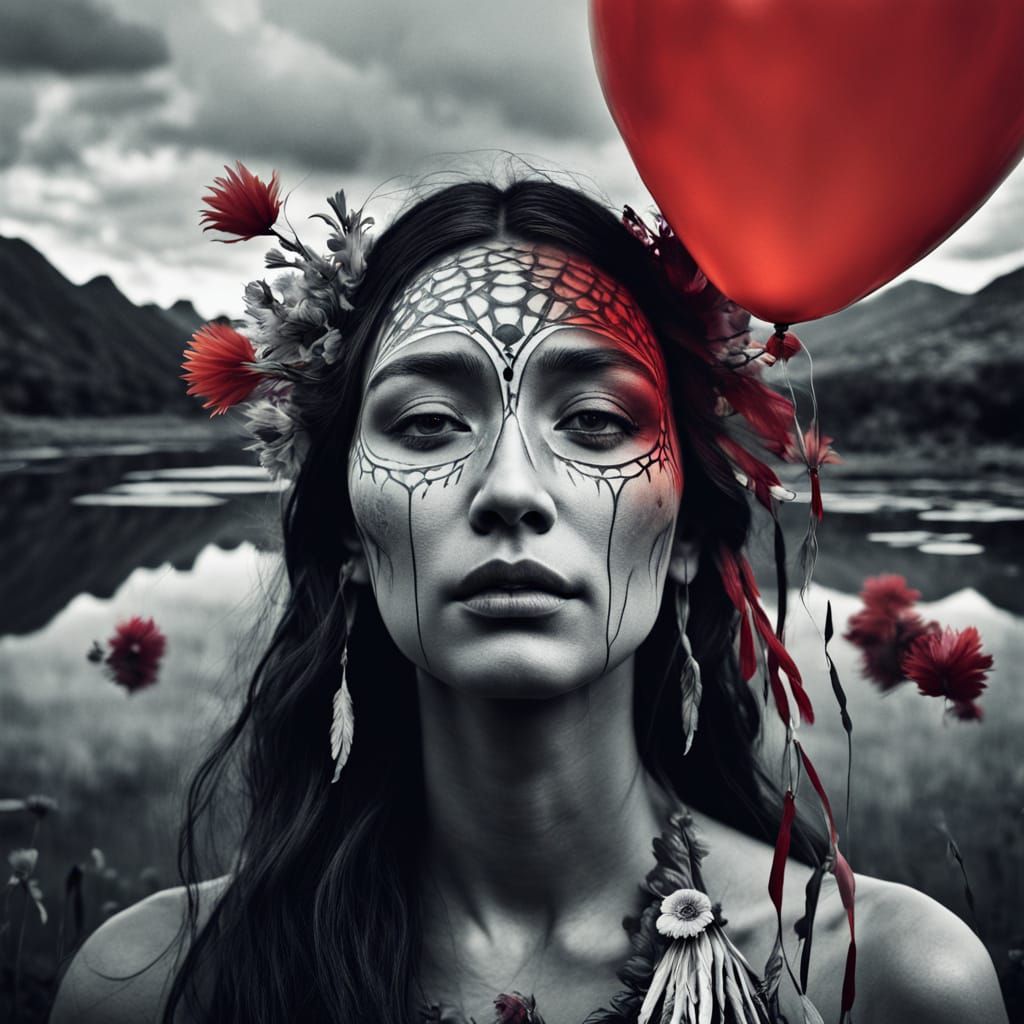 Surreal Woman with Red Balloons Dreamscape