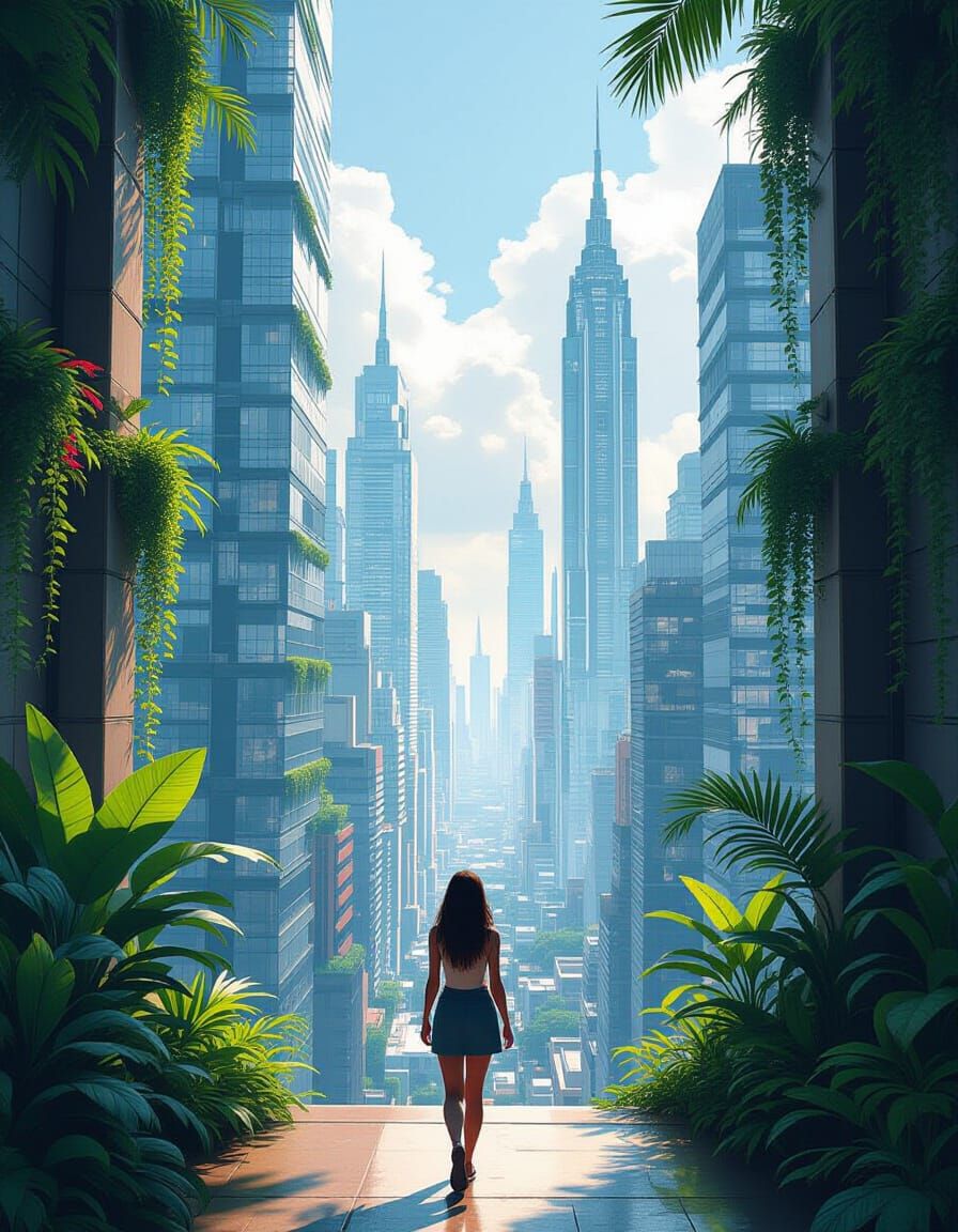 Metropolis with Skyscrapers and Tropical Jungle in Digital P...