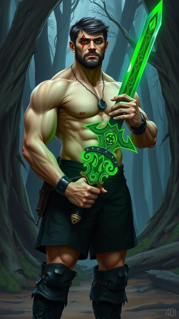 Broad Shouldered Warrior with Magical Sword in Fantasy Fores...