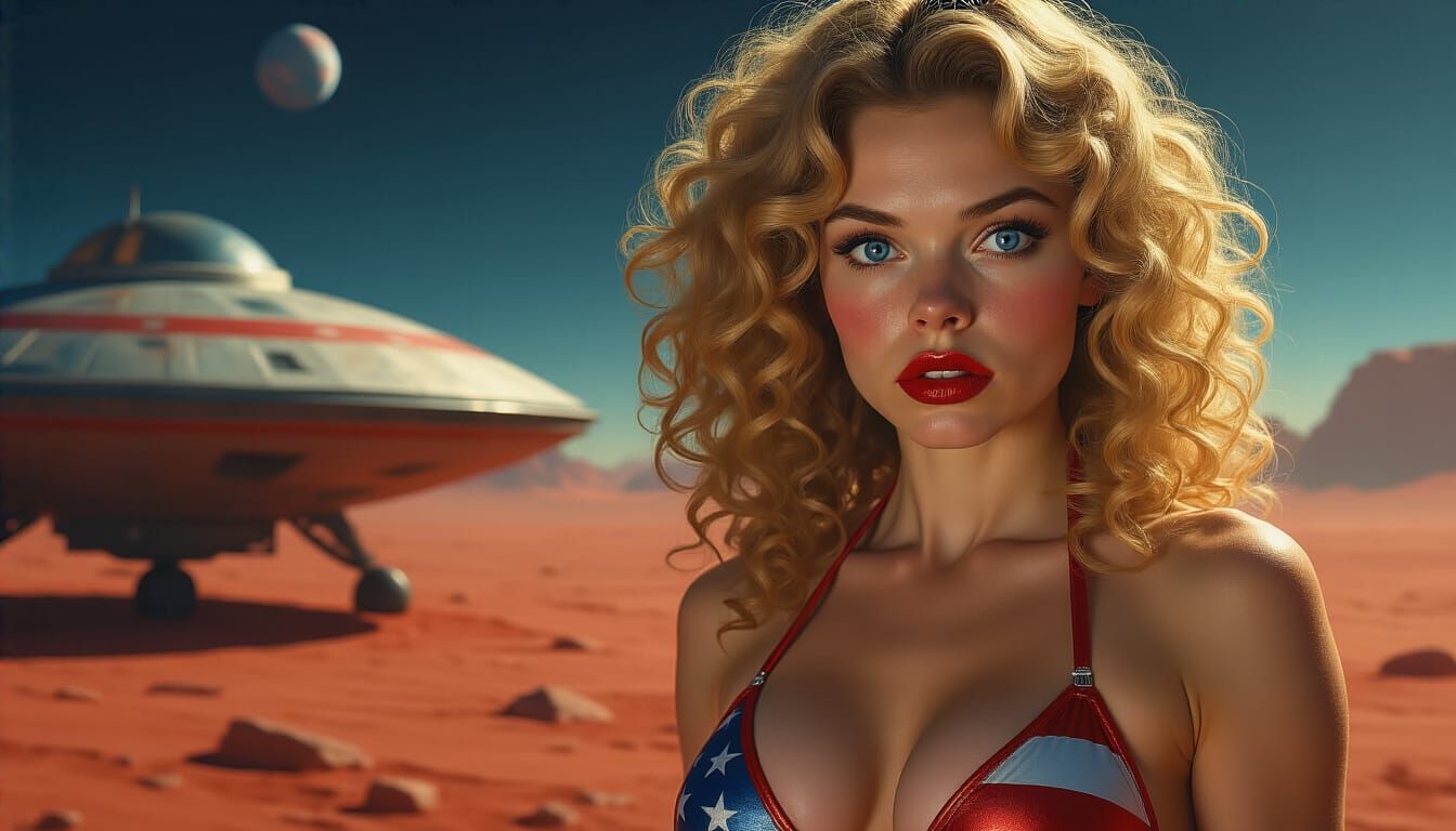 Woman in Bikini Posing on Mars in Oil Painting Style