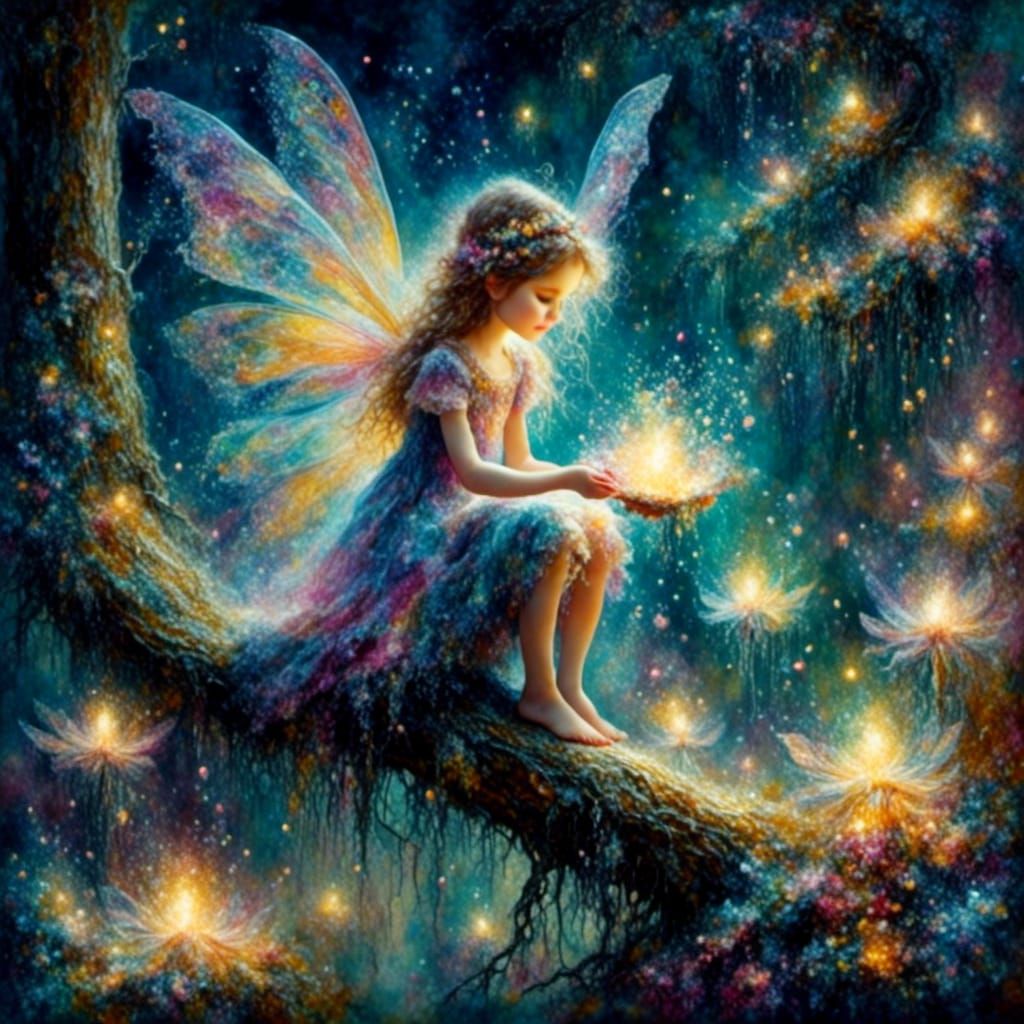 Fairies Collecting Multicolored Dust in Watercolor Style