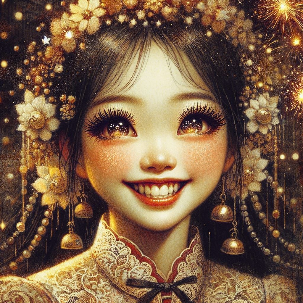 Whimsical Asian Girl in a Vintage Lace Dress