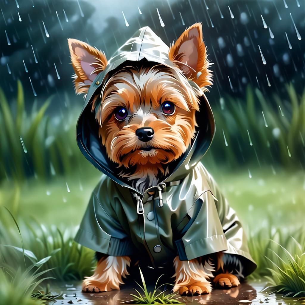 Yorkie in Raincoat on Rainy Day: Digital Illustration