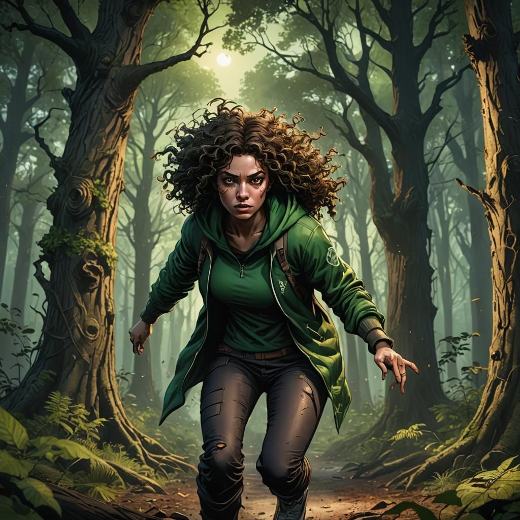 Comic Book Girl Fighting Shadow in Forest at Night