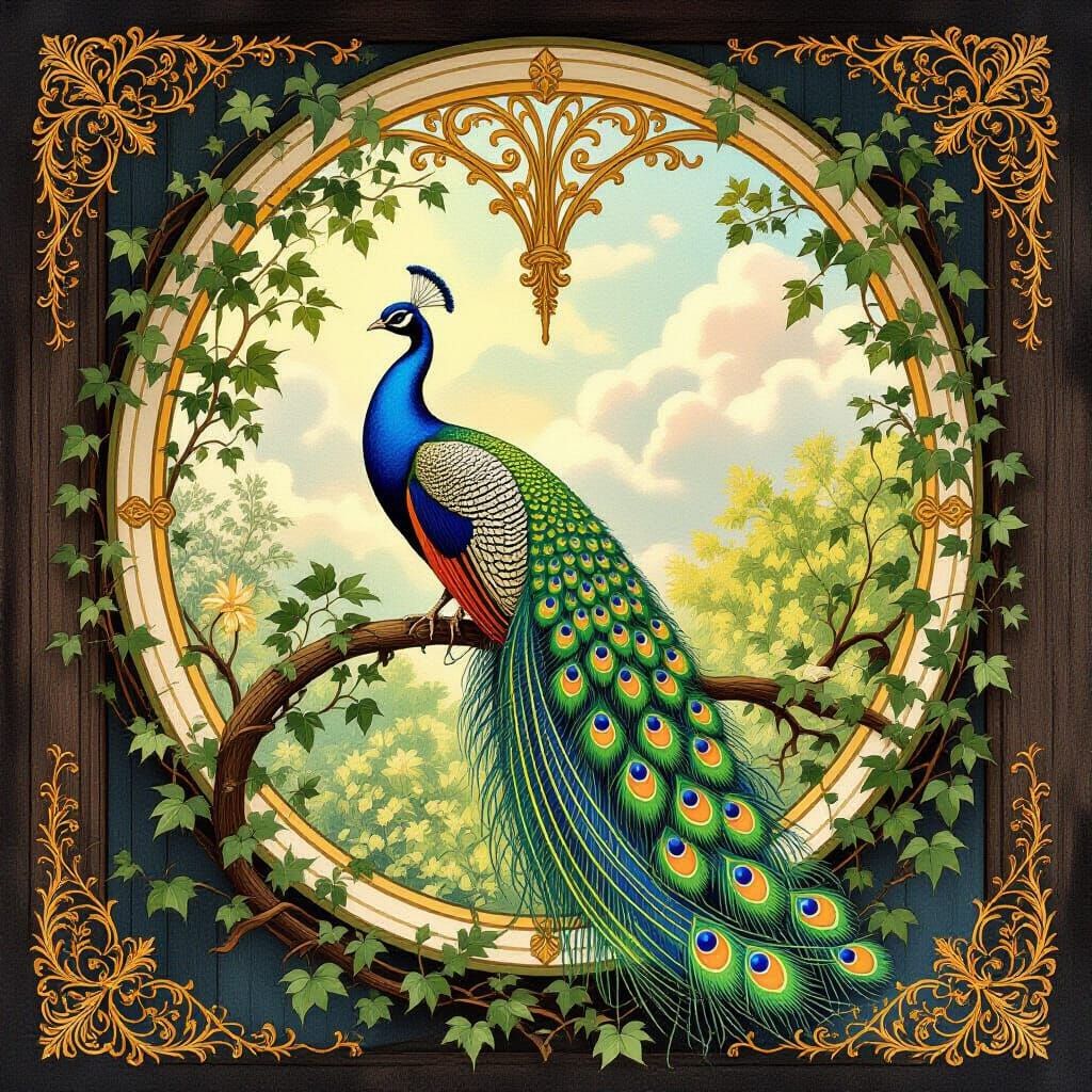 Peacock in Victorian Window, Art Nouveau Watercolor