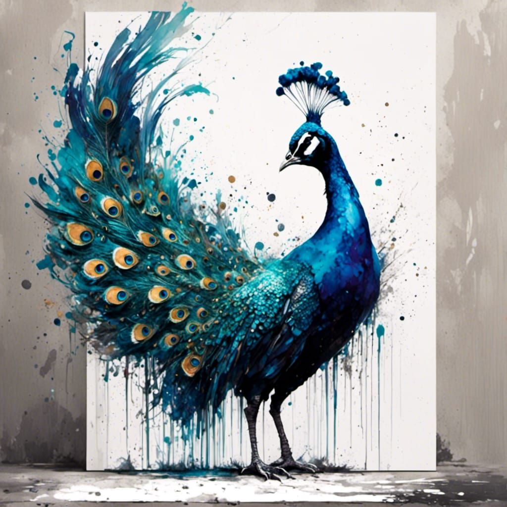 Peacock Displaying Beautiful Tail in Splash Art Style
