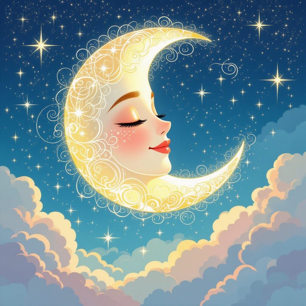 Beaded Moon Smiling on Dreamscape in Fantasy Style