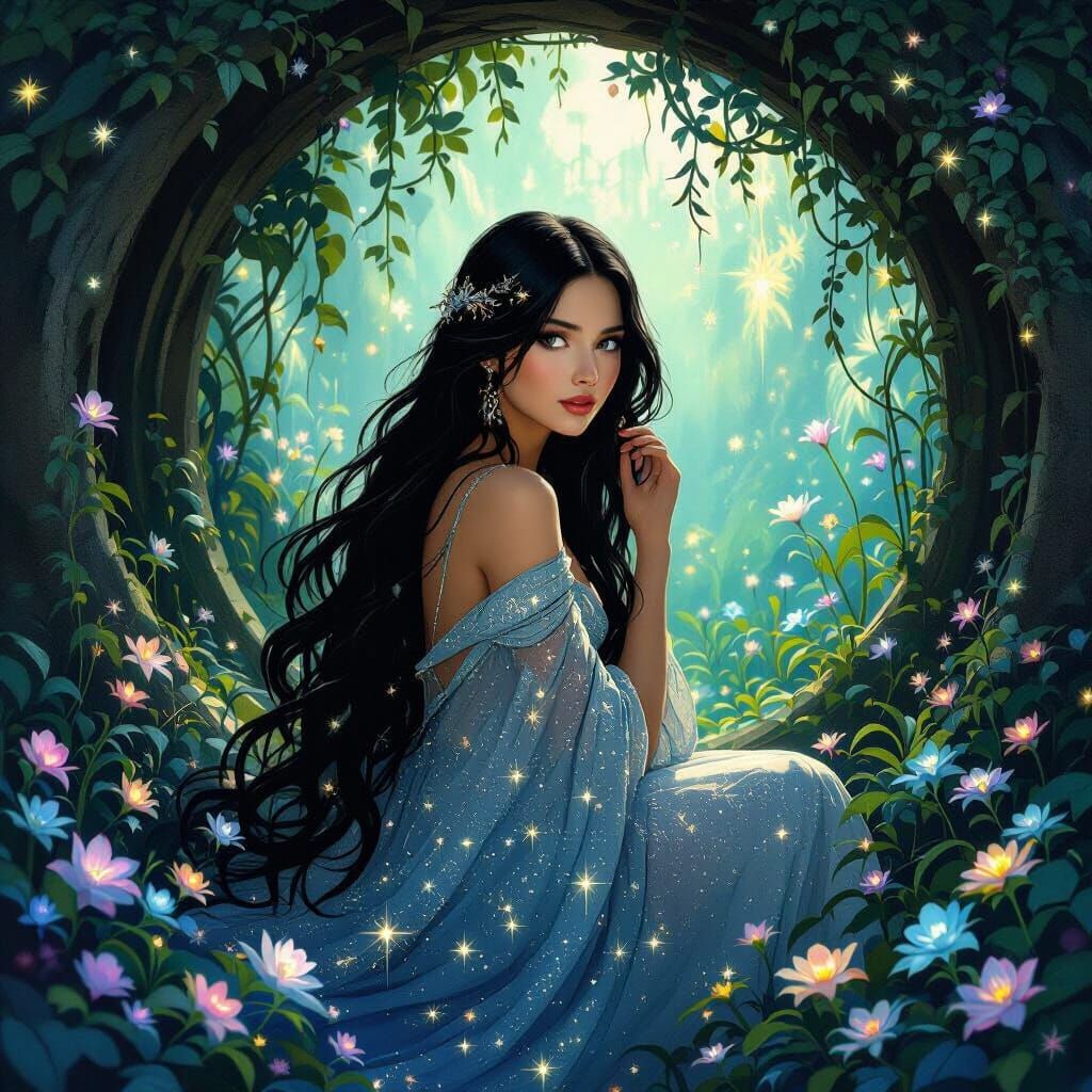 Starlight Grotto: Art Nouveau Woman in Bioluminescent Garden