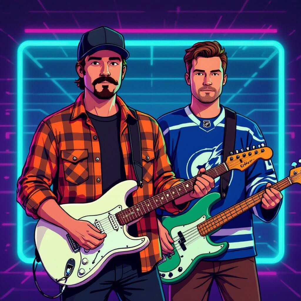 Musicians with Guitars in Retro Synthwave Neon Style