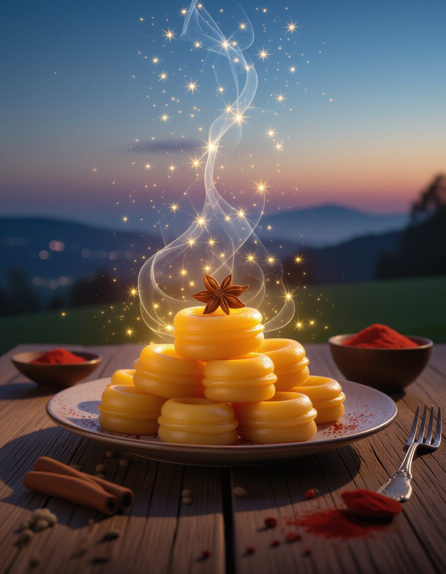 Magical Glowing Food on Rustic Table with Floating Spices