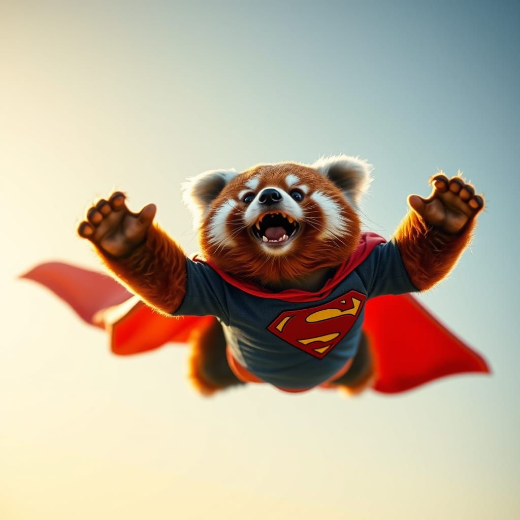 Red Panda Flies as Superman in Golden Hour Light