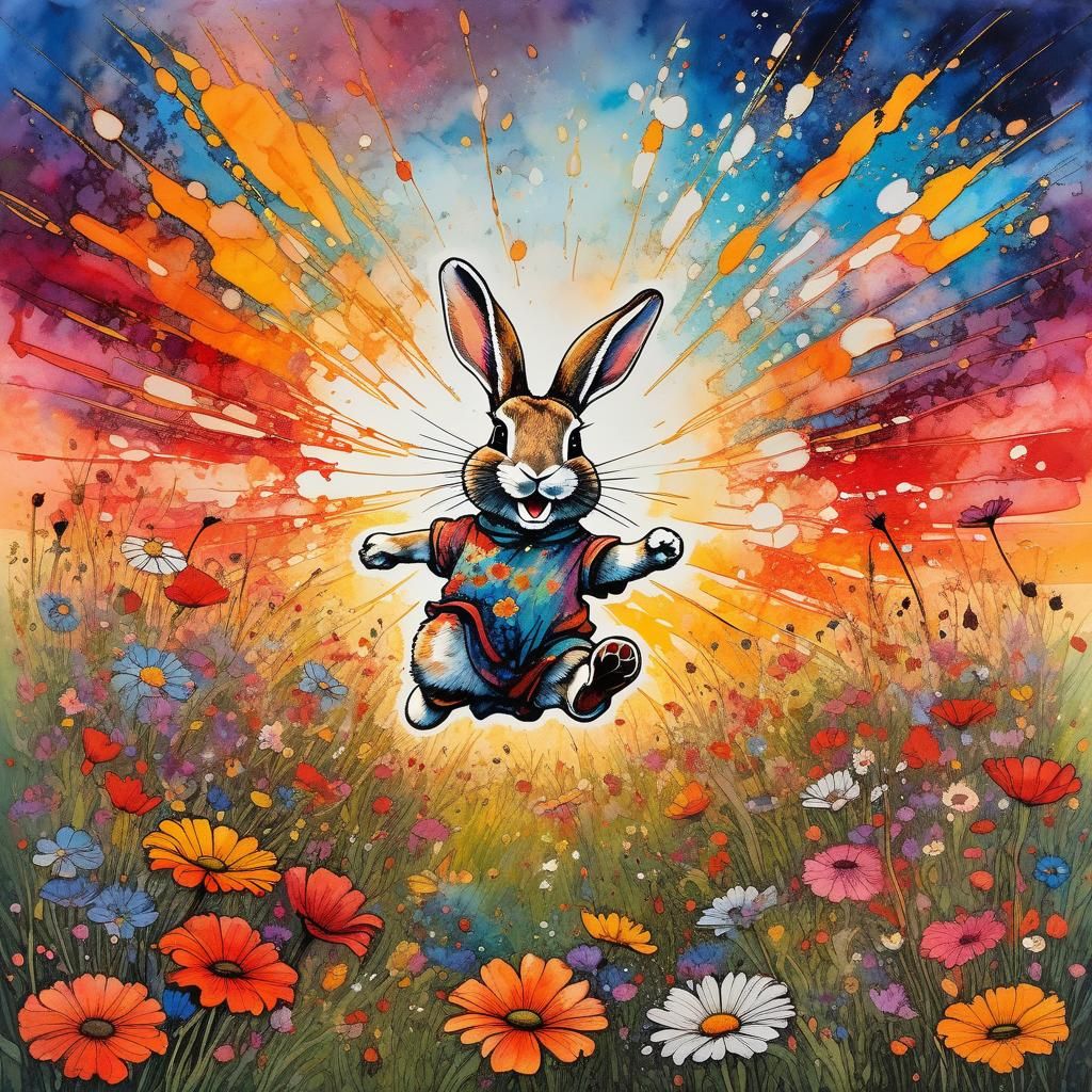 Joyful Rabbit Leaping in Floral Meadow Painting