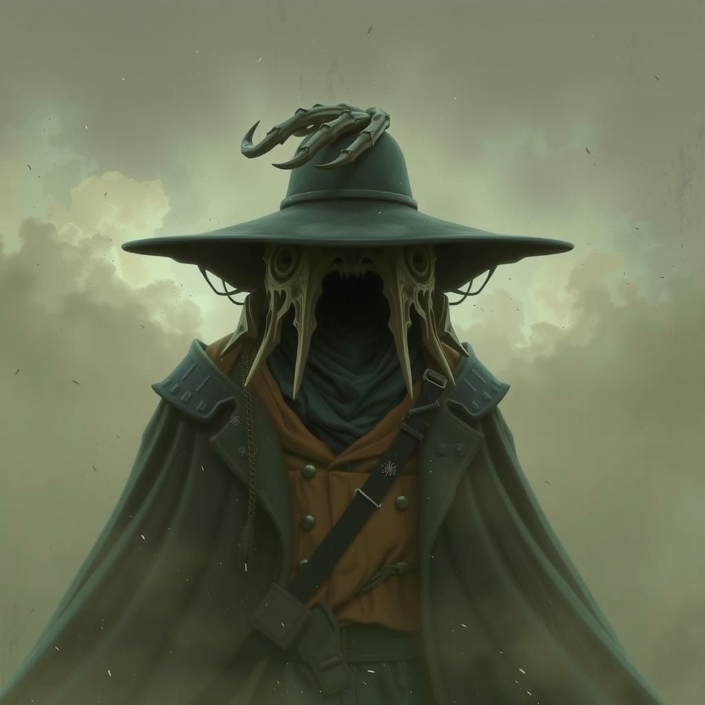 Intricately Detailed Plague Doctor in a Dystopian Landscape,...