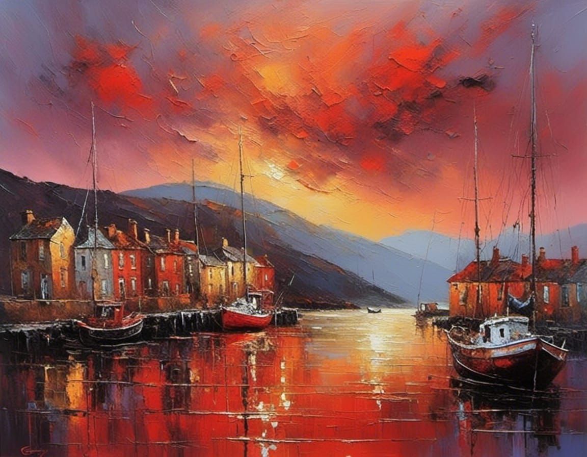 Sunset Fishing Port in Impasto Oil Painting Style