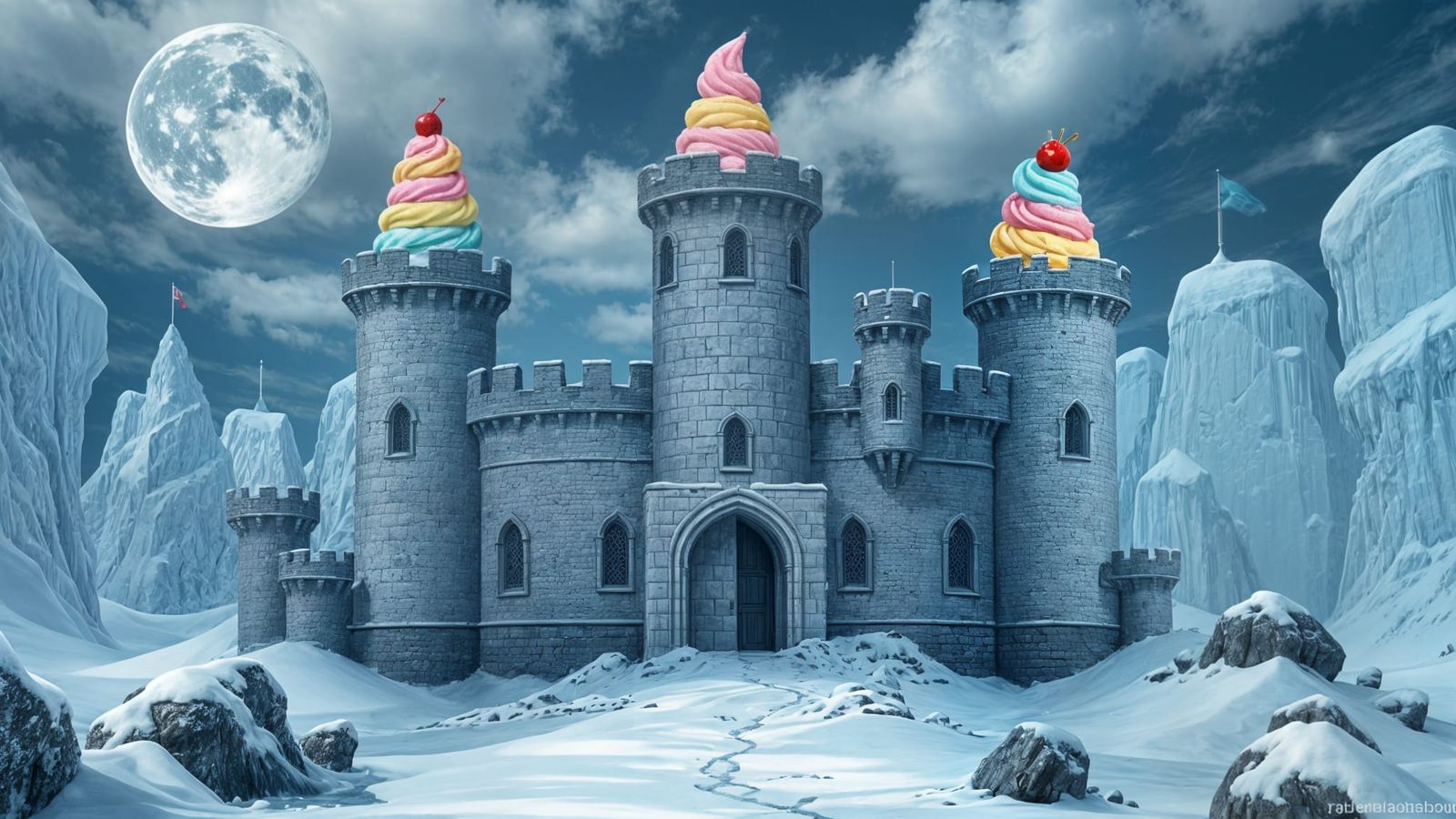Ice Cream Topped Castle in Frozen Landscape